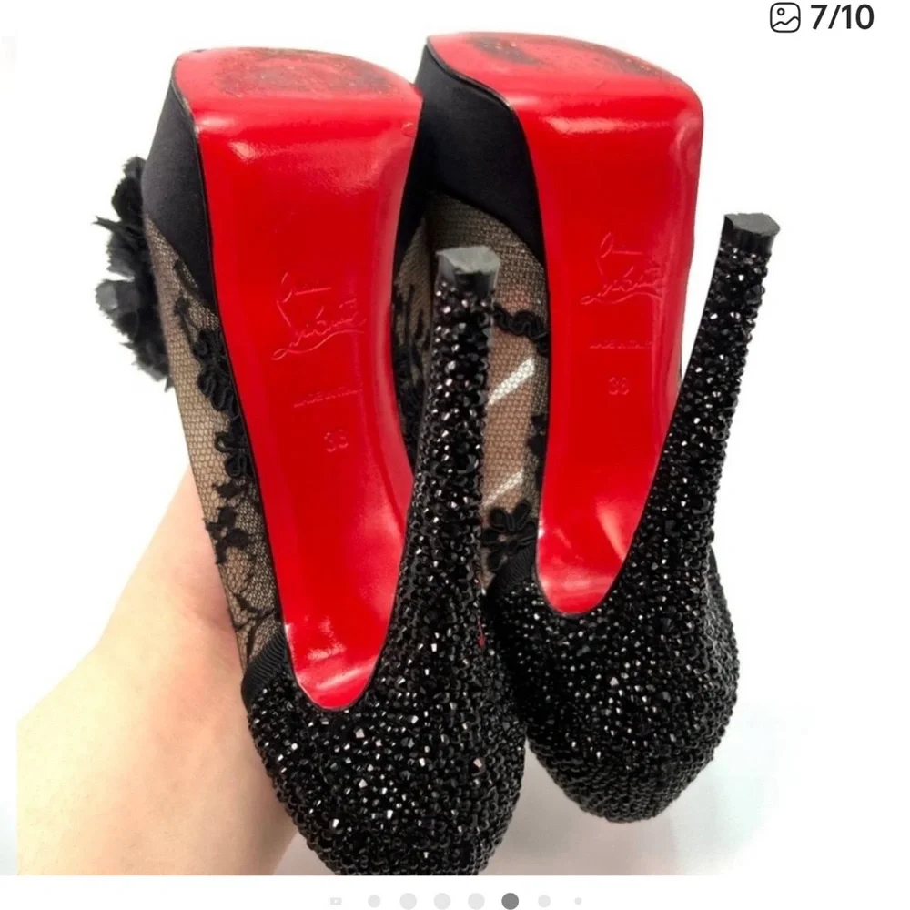 Christian Louboutin Tsar 140 Black Lace & Swarovski Crystal Platform Pumps 39 - Picture 4 of 8